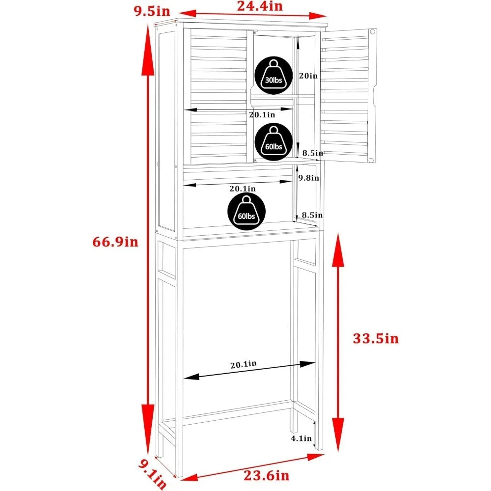 Fully upgraded-Over-The-Toilet Storage Shelf with Doors, Bathroom Freestanding Bamboo Organizer Space Saver with Adjustable Shelf