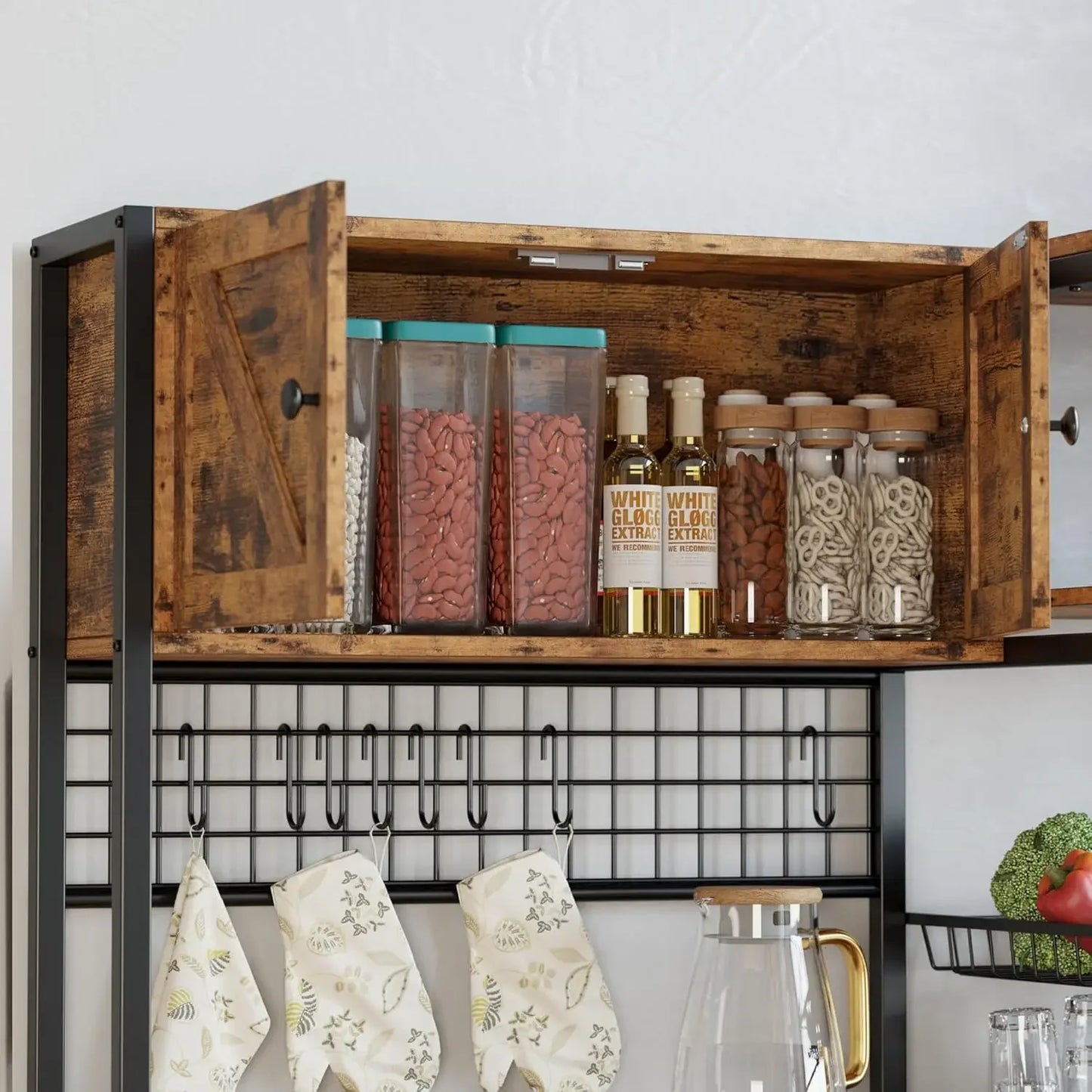 Bakers Rack with 2 Storage Cabinets and Power Outlet, 45.3 Inch Industrial Coffee Bar Cabinet Shelves, Kitchen Microwave Stand