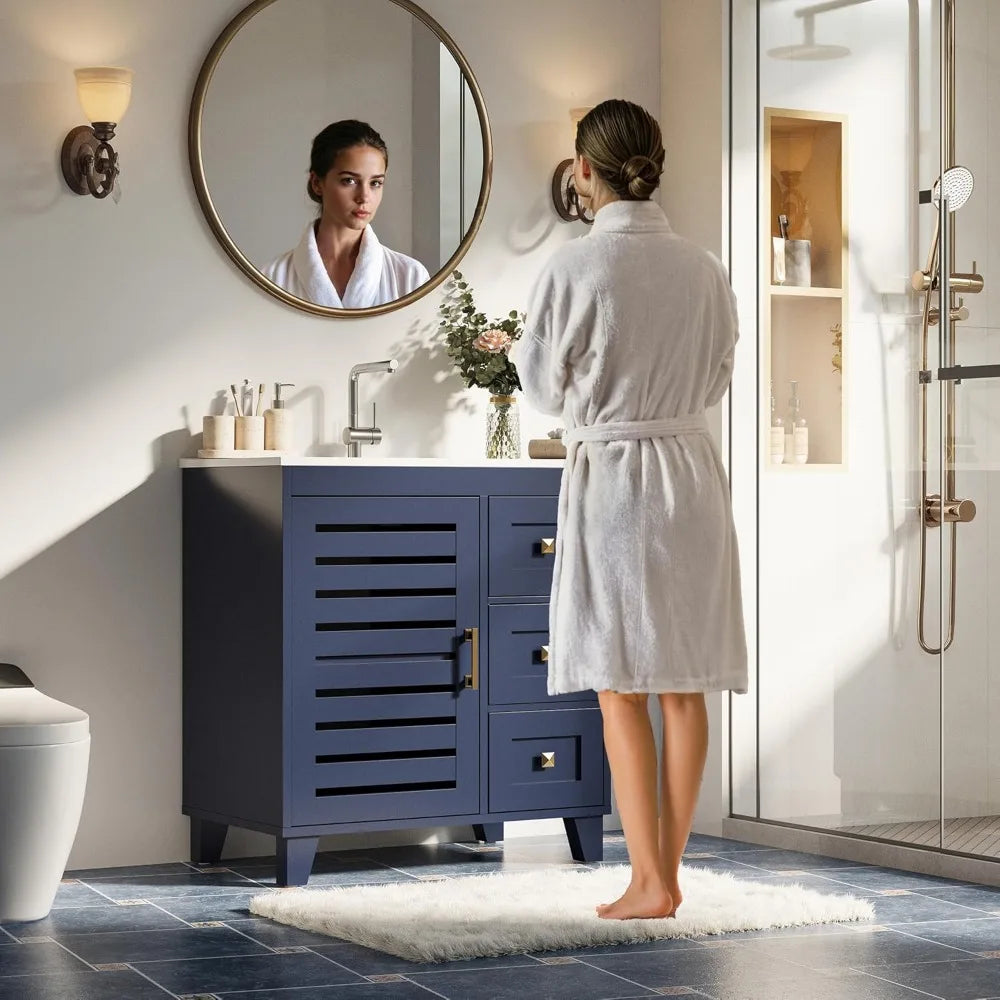 30.9" Dark Blue Bathroom Vanity w/Sink and Three Drawers