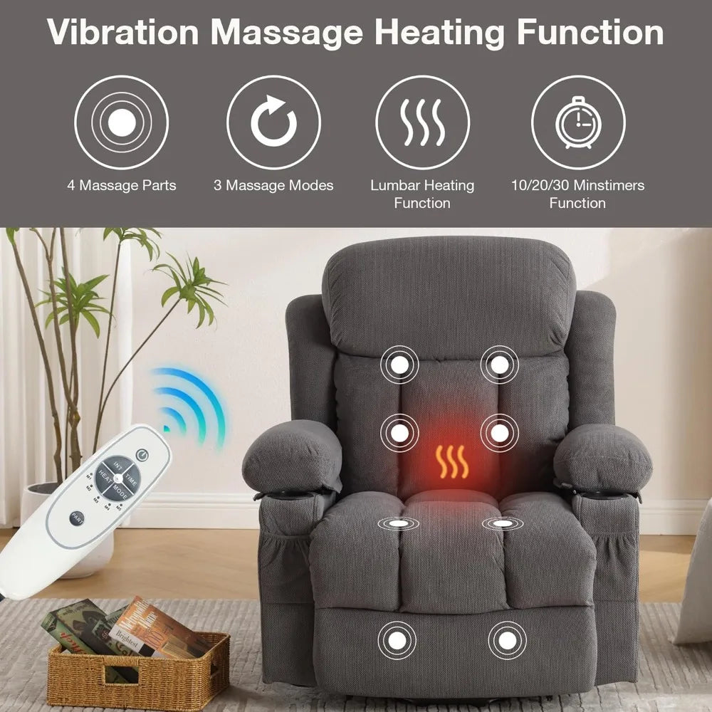 Power Lift Recliner Chair with Heat and Massage, Electric, Fabric Recliner Chair for Elderly with Side Pocket, USB Charge Port