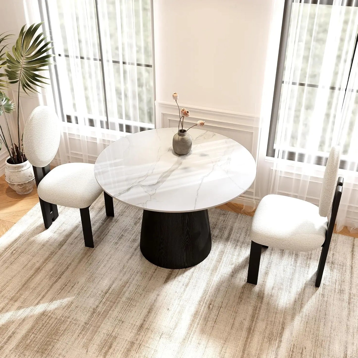 39" Round Dining Table Stone Top With Black Marble Look