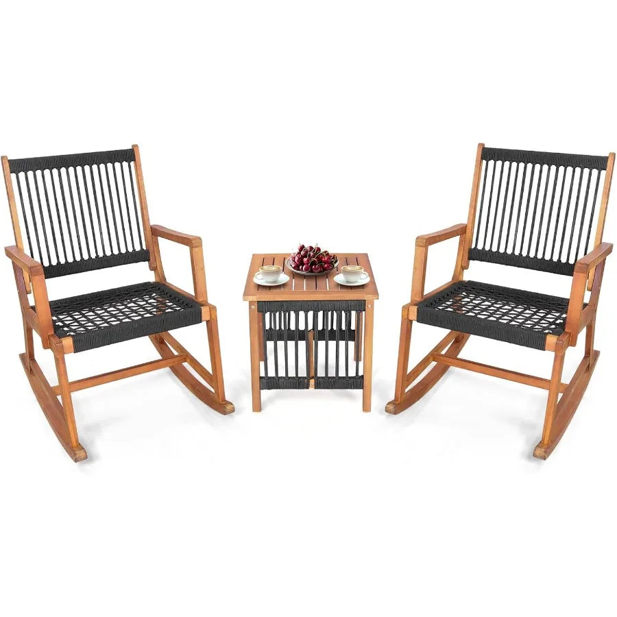 3 Piece Acacia Wood Rocking Bistro Set With All Weather Rope Woven Patio Coffee Table