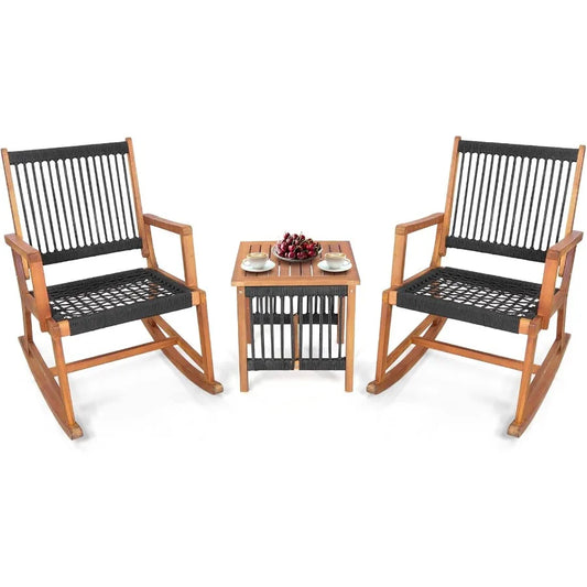 3 Piece Acacia Wood Rocking Bistro Set With All Weather Rope Woven Patio Coffee Table