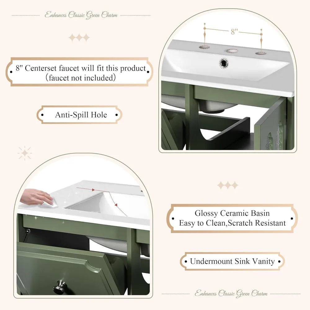 30" French Country Bathroom Vanity with Glass Door Sink