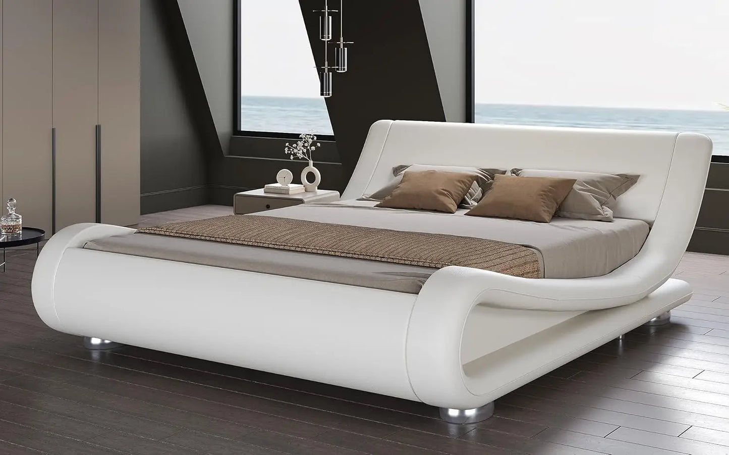 Queen Size Faux Leather Bed Frame With Ergonomic Headboard