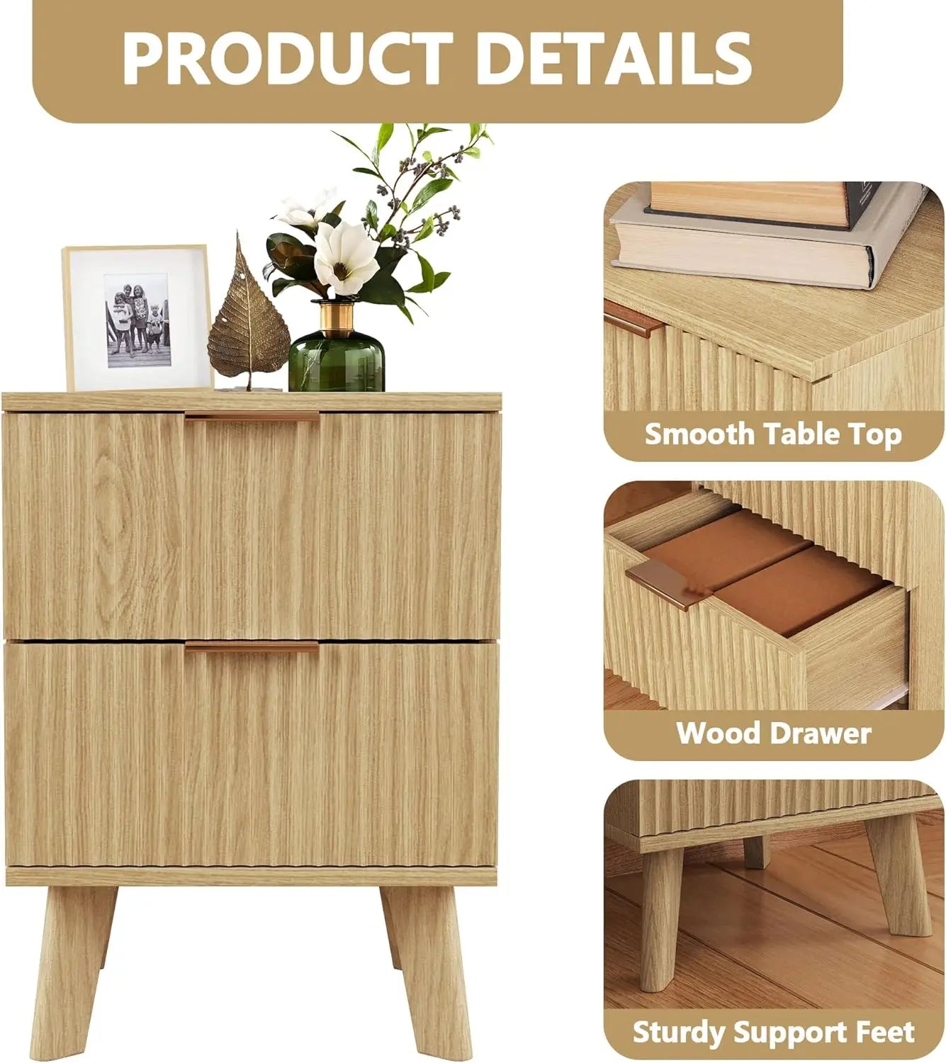 Fluted Nightstands Mid Century Modern Drawer Dresser Bedroom