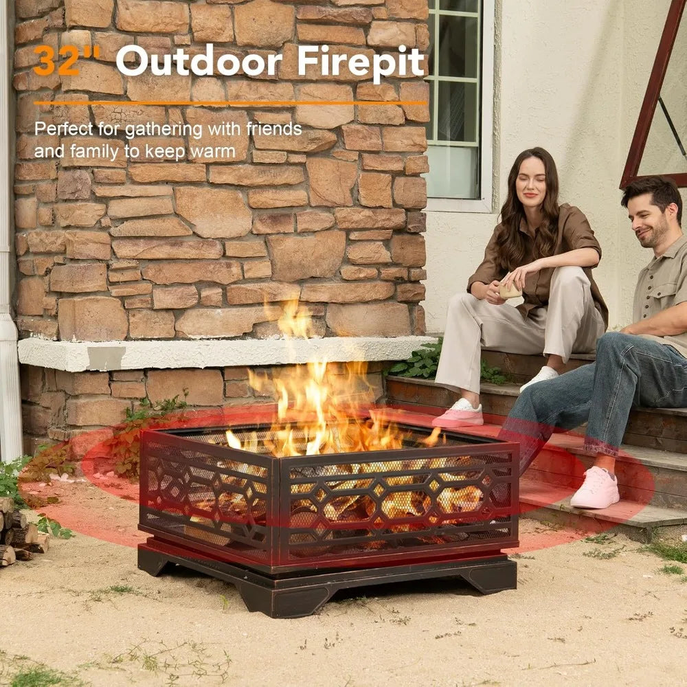 32 Inch Outdoor Wood Burning Fire Pit With Mesh Cover