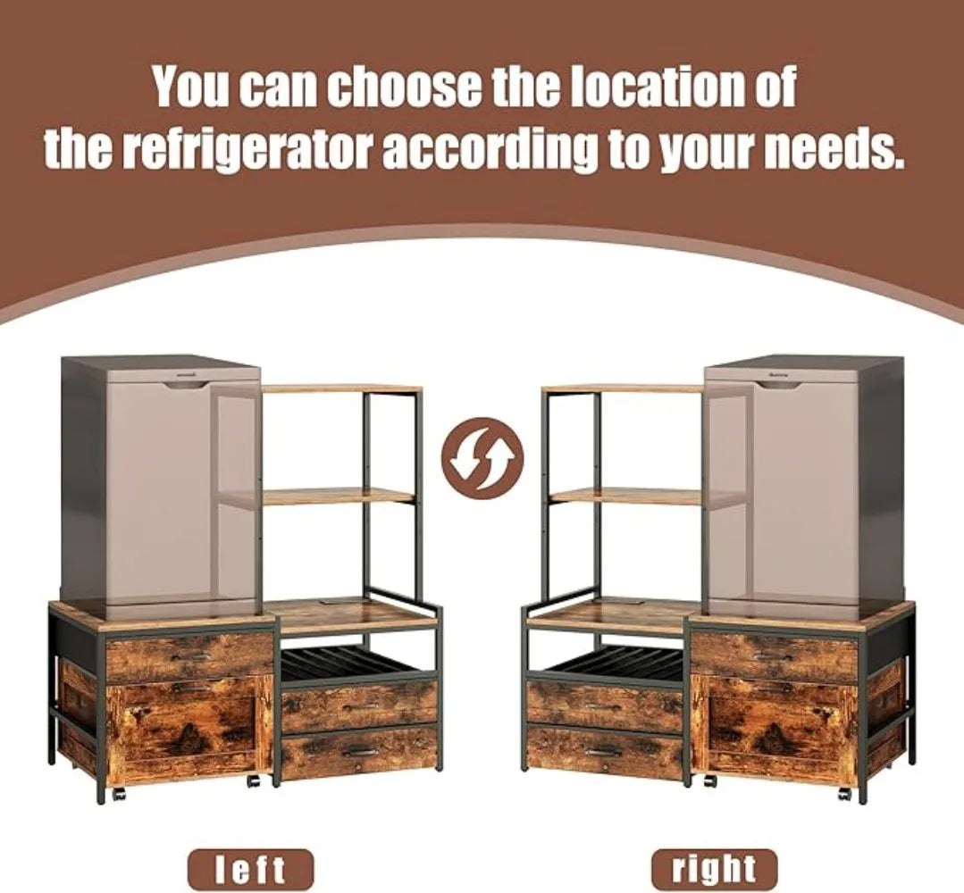 Mini Fridge Stand with Wine Rack, Kitchen Bakers Rack with Power Outlet, Microwave Oven Stand, Coffee Bar, Movable Drawers