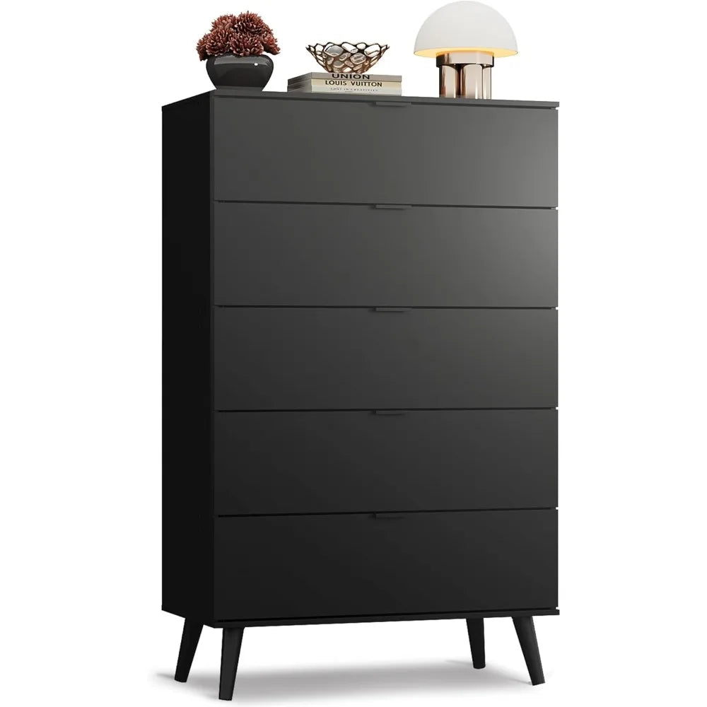 Black 5 Drawer Tall Dresser Storage With Metal Handles