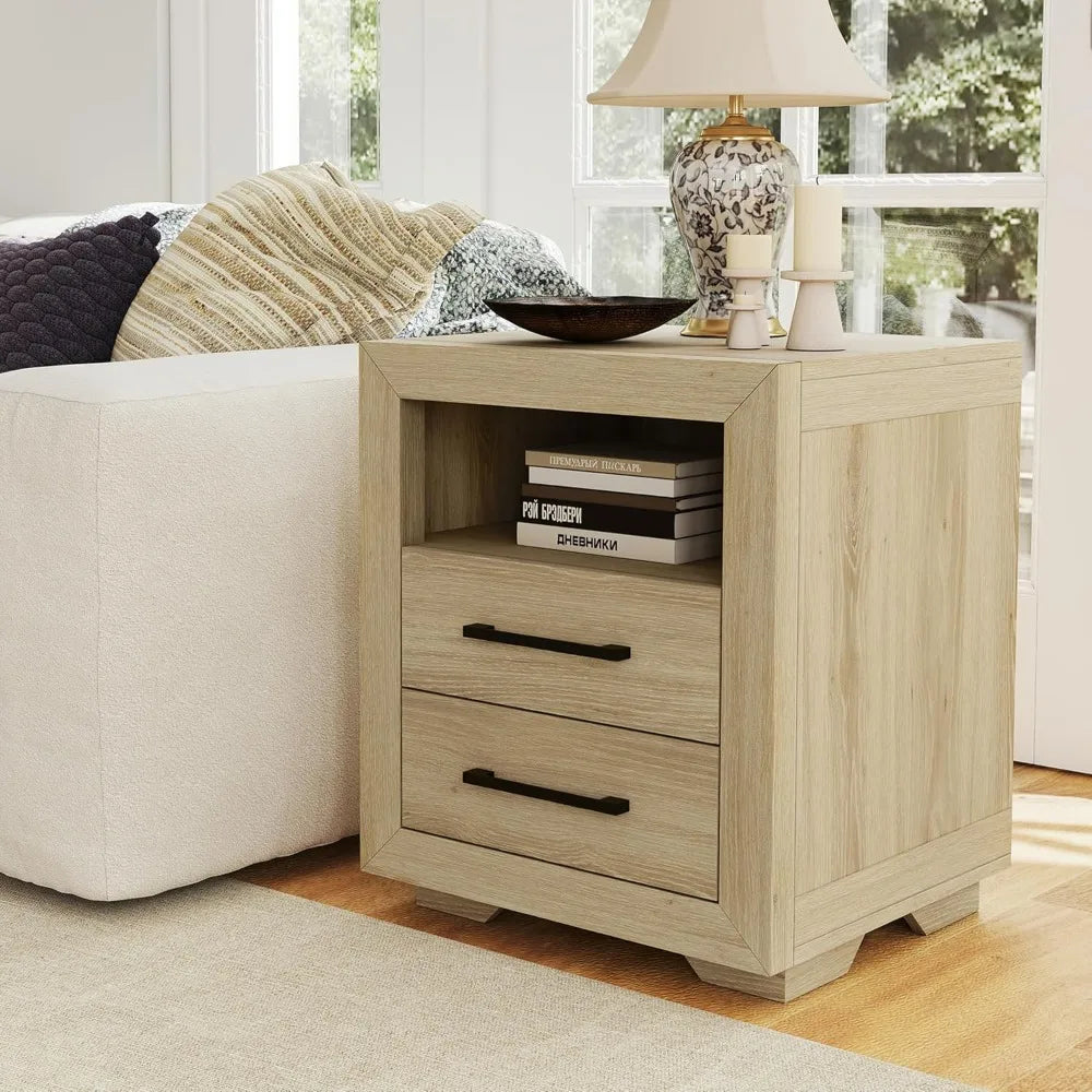 2 Drawer End Table or Nightstand, Hazel Oak, Rustic, Open Shelf