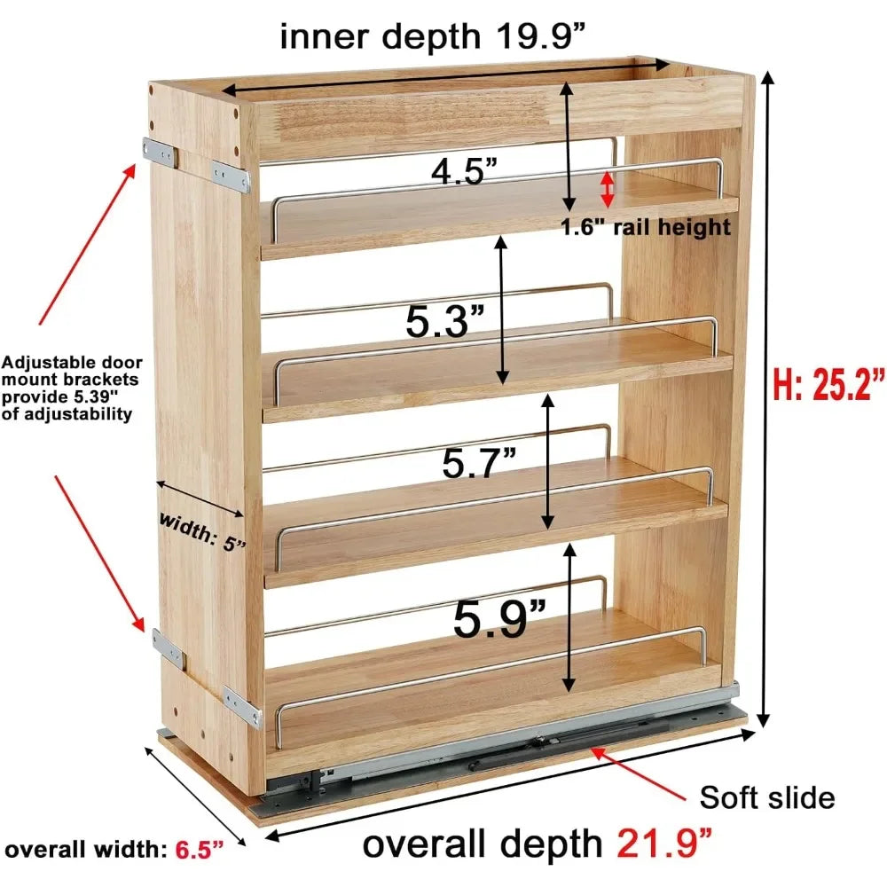 Pull-Out Spice Rack Organizer for Cabinet, (5" W x 21.9" D x 25.2" H) Multi-Use Wood Pull Out Cabinet Organizer (Slide Out)