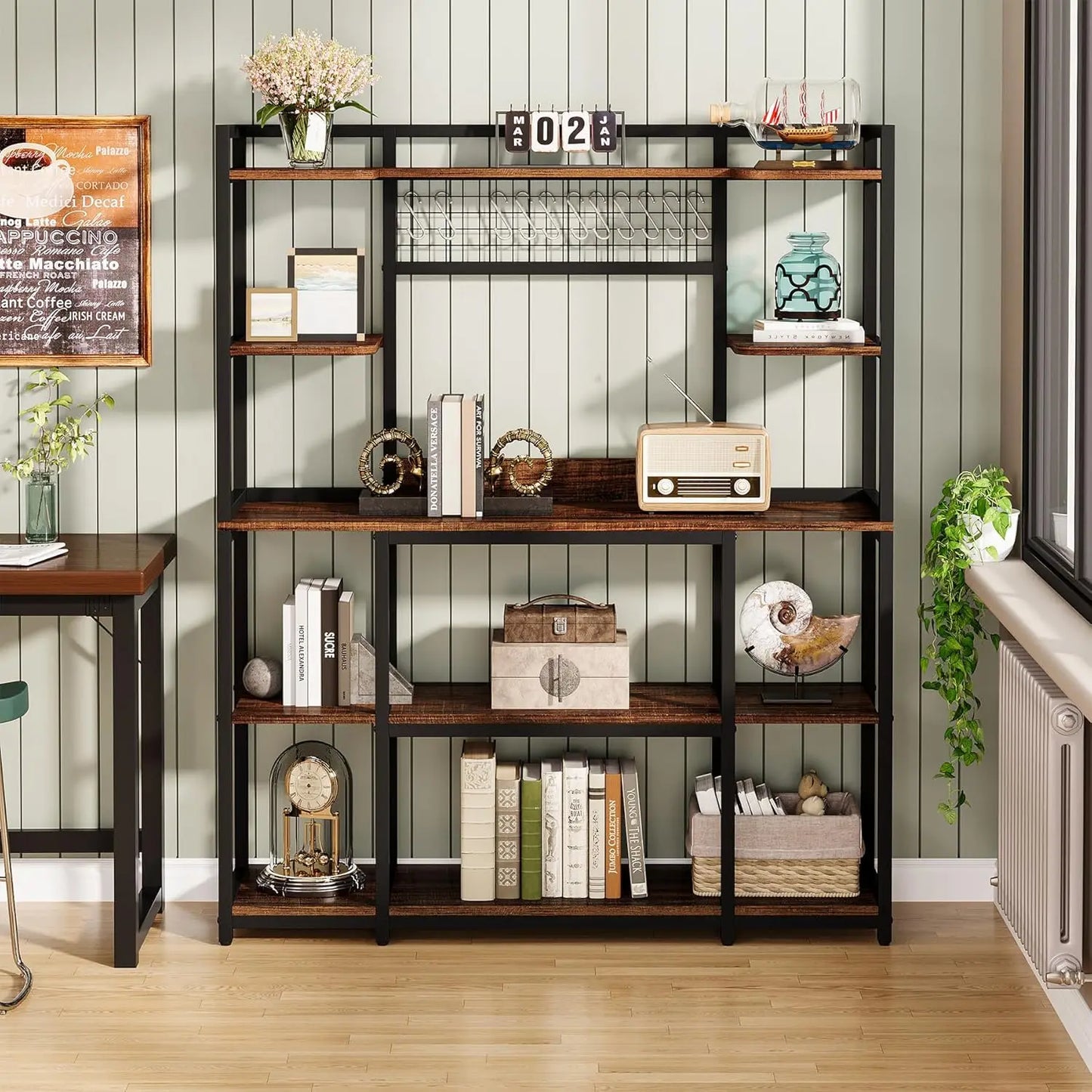 Kitchen Bakers Rack,  Microwave Stand, 55" Wide Kitchen Storage Shelf, Large Coffee Bar Station Baker's Rack with 11 Hooks