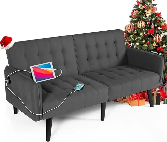 65“ Convertible Sofa Bed w/ 2 USB, Small Adjustable Folding Couch Loveseat, Modern Mid Century Sleeper Sofa for Living Room, Bedroom