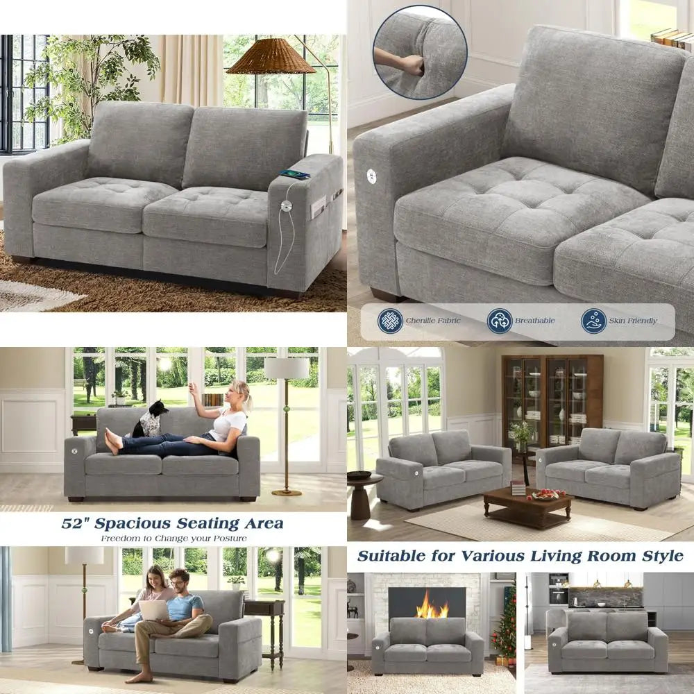 Living Room Sofas: Chenille Loveseat and Small 3-seater with USB ports and Removable Covers, Solid Wood Frame