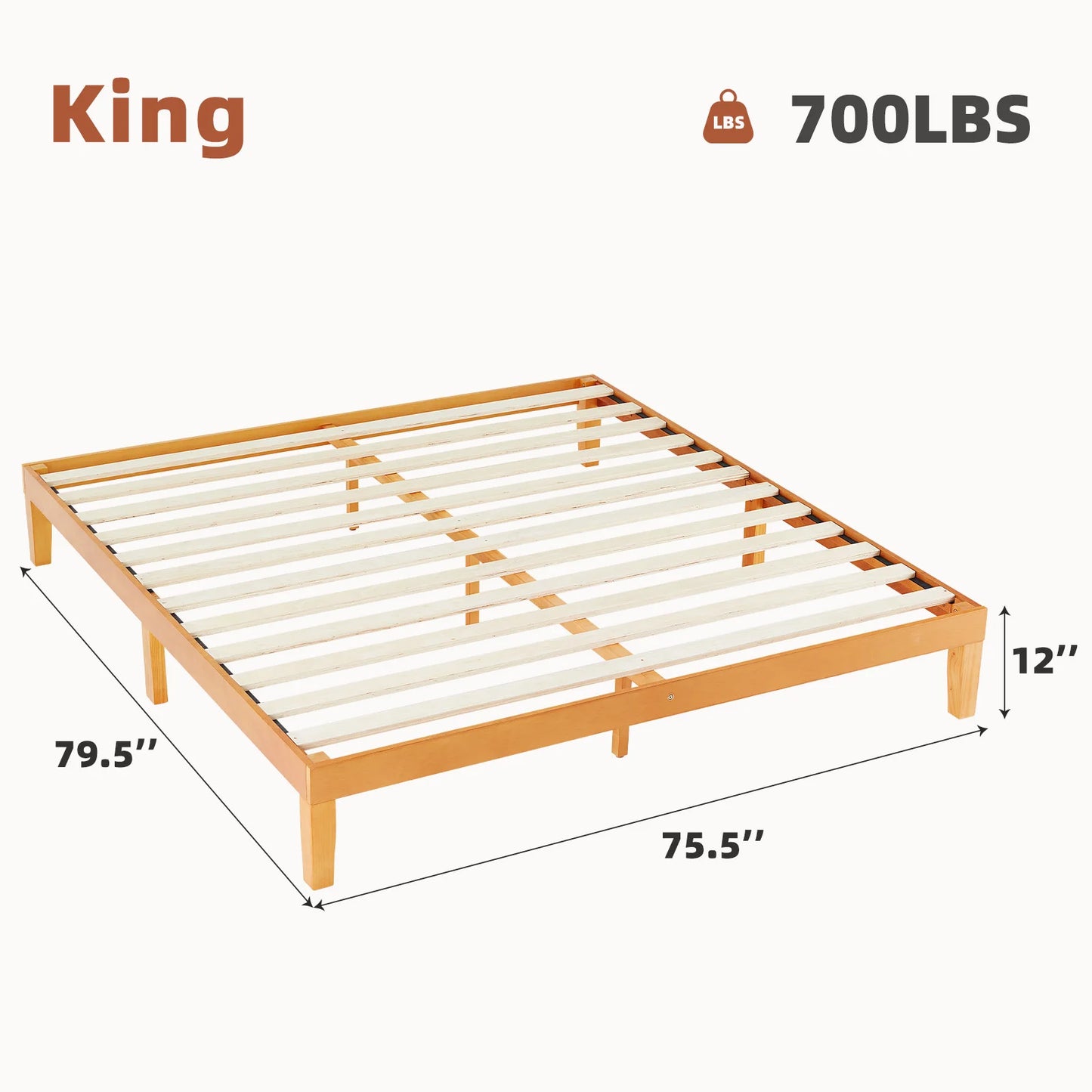 JHK Solid Wood Bed Frame With Slat Support No Box Spring