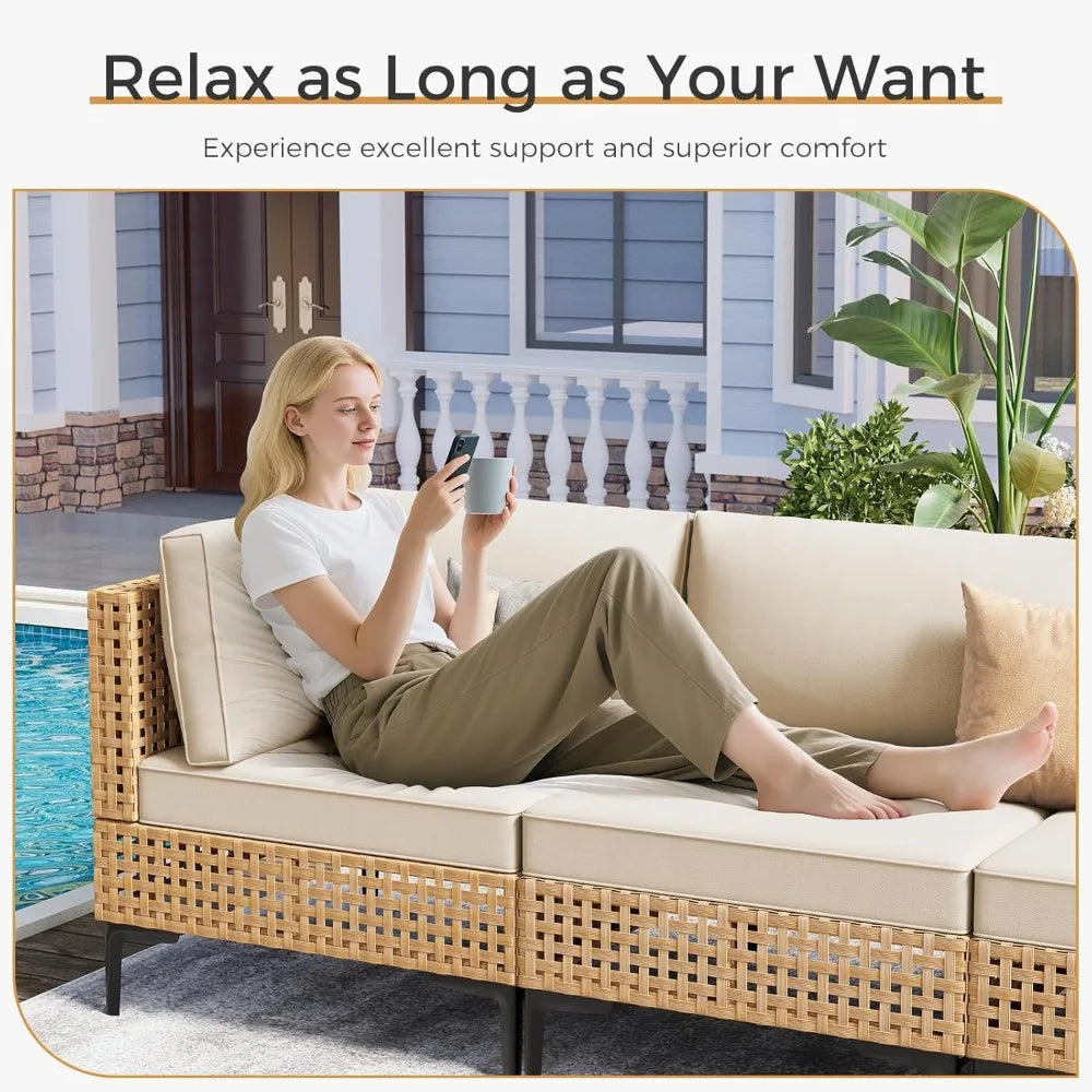 Angduo 110-Inch Large 7-Piece All-Weather-Resistant Wicker Outdoor Patio Ensemble