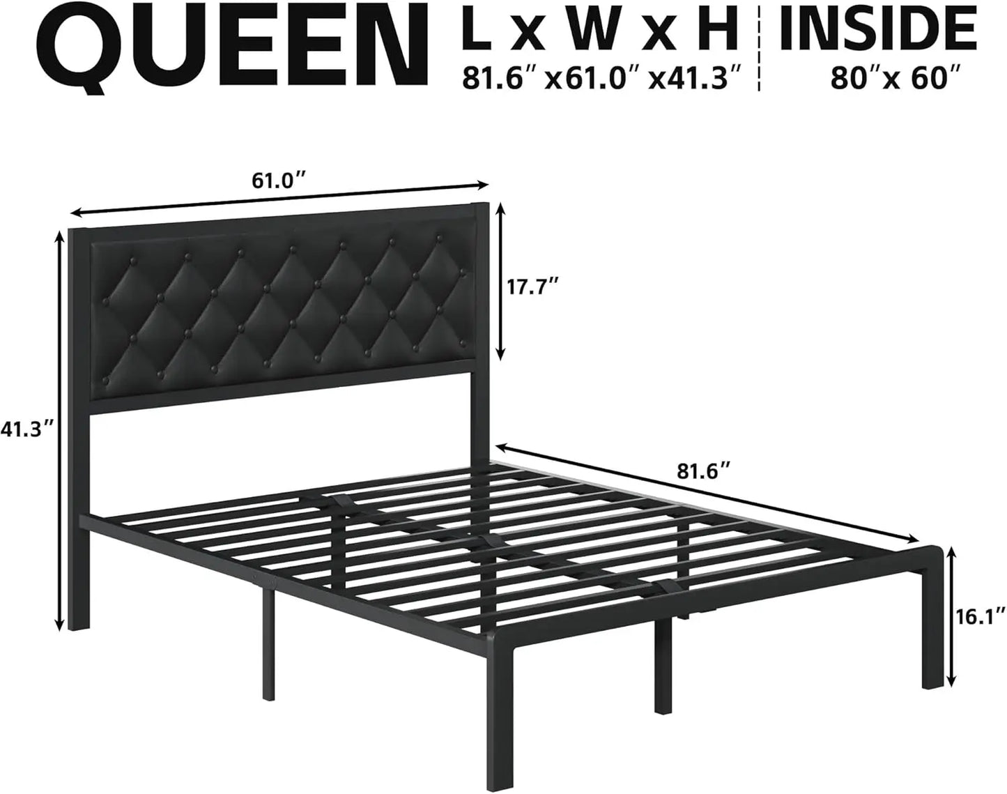 Queen Upholstered Leather Headboard Platform Bed Frame Slats