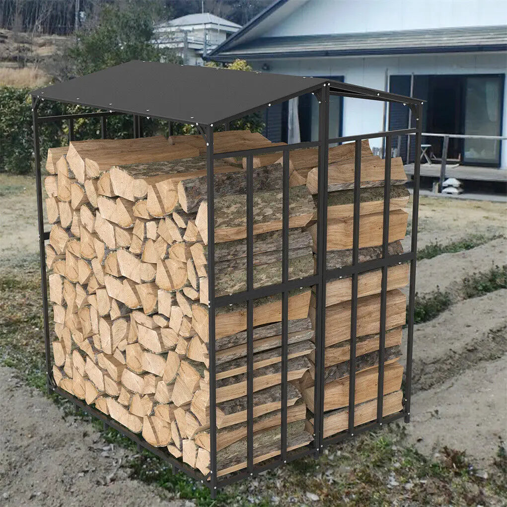 Heavy Duty Outdoor Iron Firewood Storage Rack With Top Cover