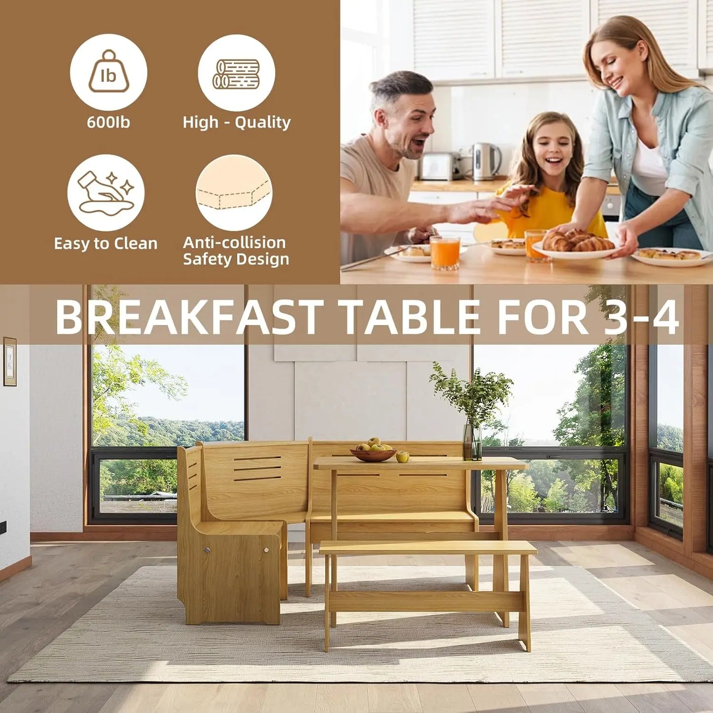 Farmhouse Breakfast Nook Table Set with Corner Bench