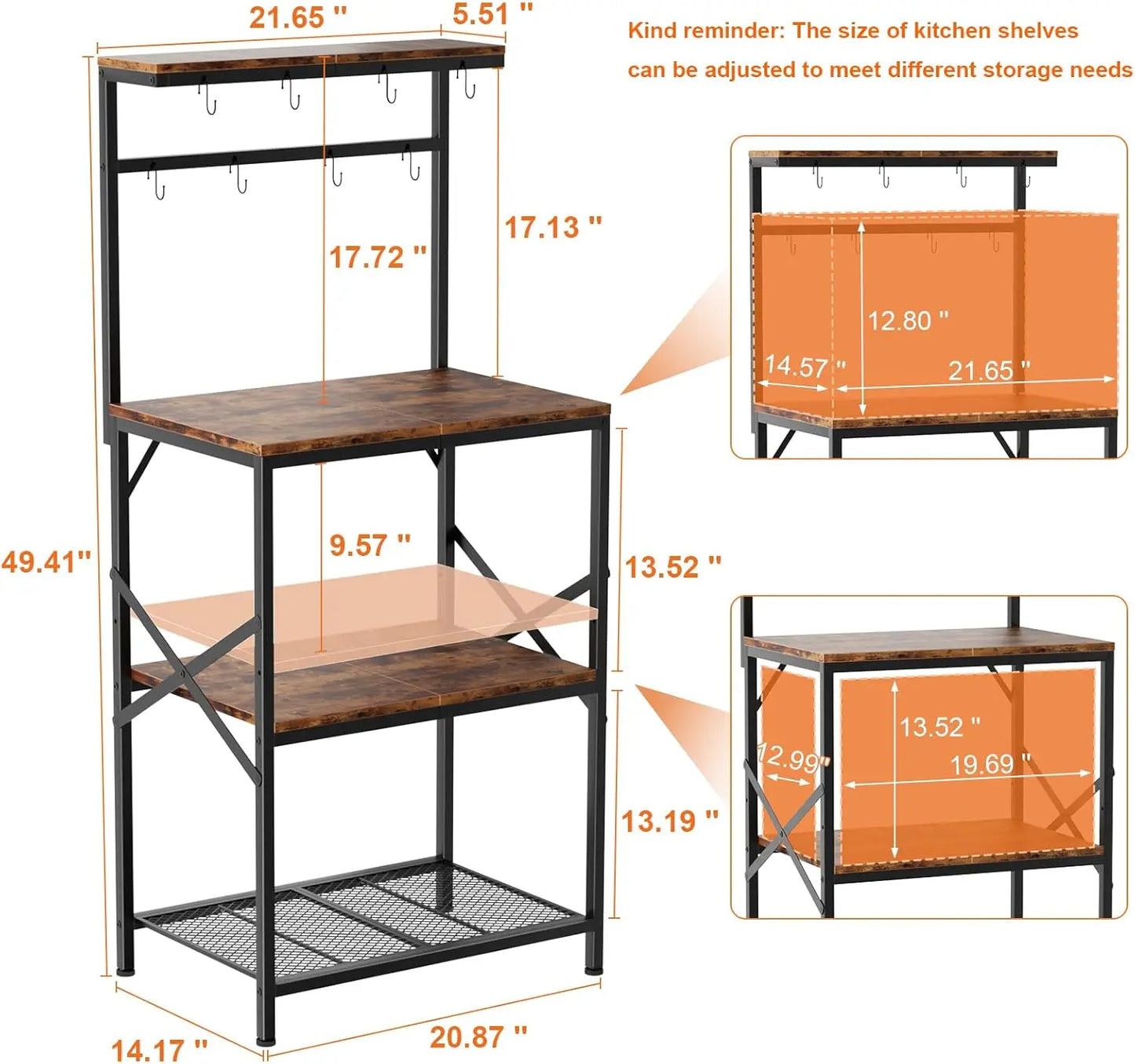 Bakers Rack with Storage Shelves, Small Coffee Bar Table with 8 Hooks, 4 Tiers Microwave Stand Station with Adjustable Shelves