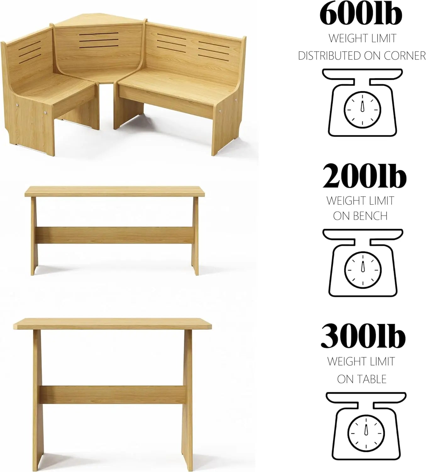 Farmhouse Breakfast Nook Table Set with Corner Bench