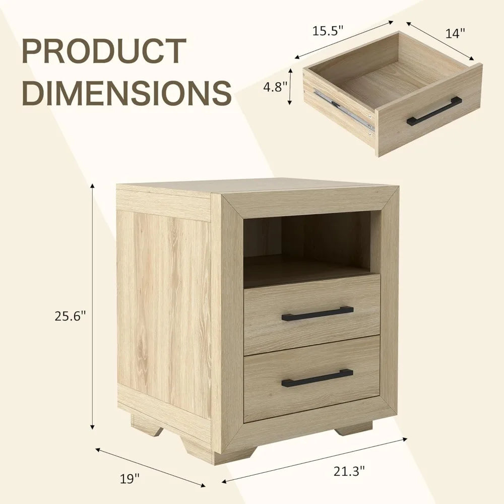 2 Drawer End Table or Nightstand, Hazel Oak, Rustic, Open Shelf