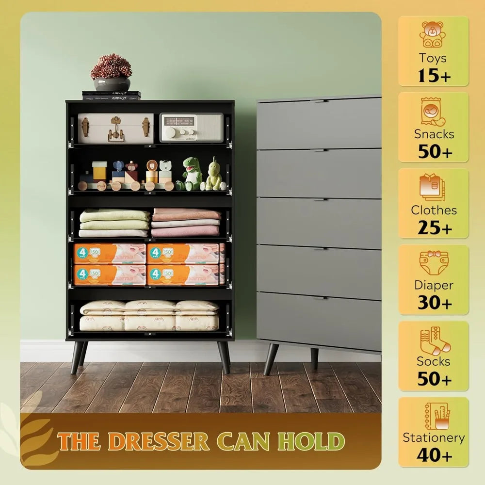 Black 5 Drawer Tall Dresser Storage With Metal Handles