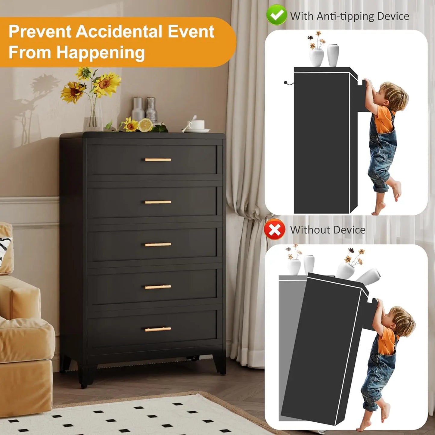 Metal 5 Drawer Dresser Chest Of Drawers For Bedroom Office