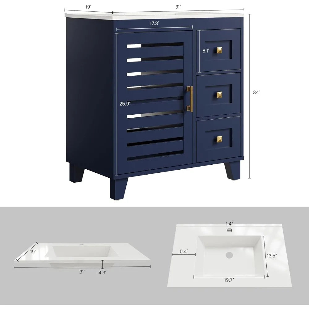 30.9" Dark Blue Bathroom Vanity w/Sink and Three Drawers