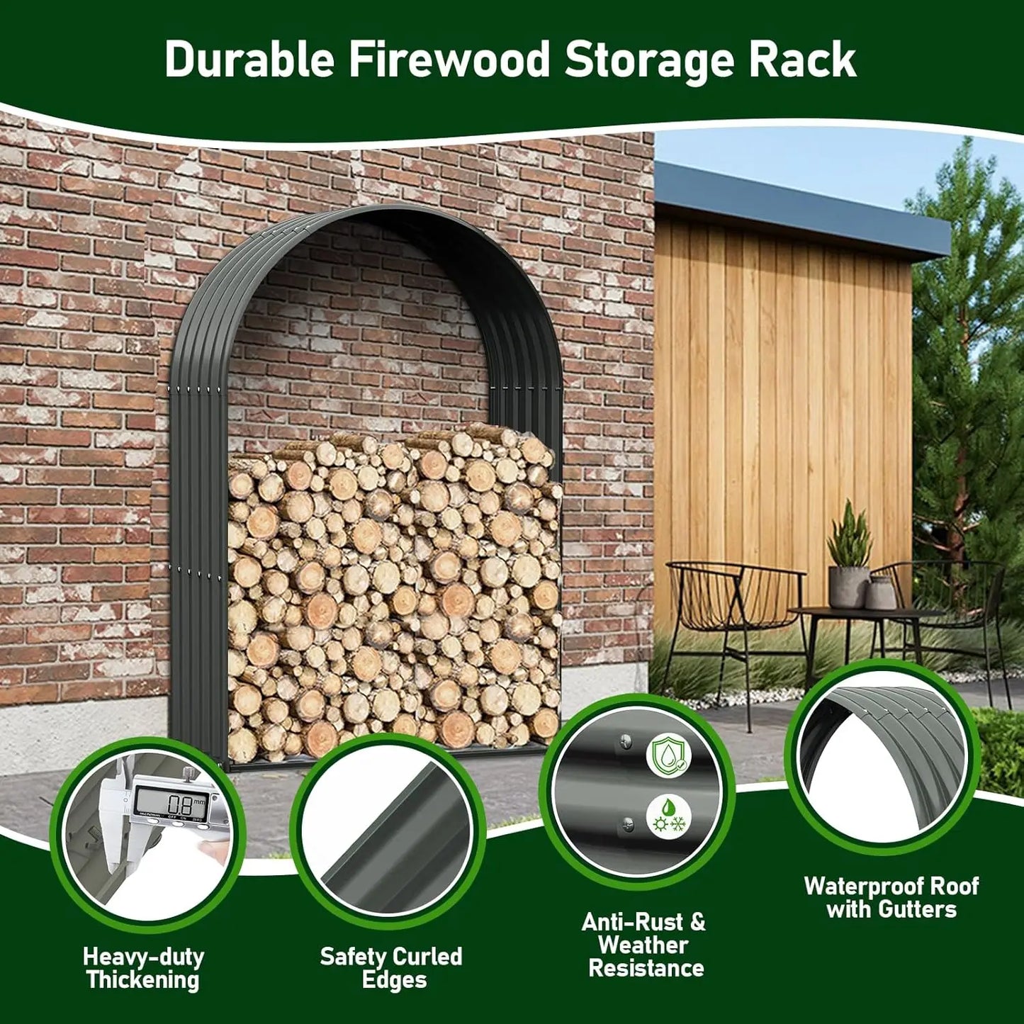 Galvanized Steel Firewood Shed And Log Rack - Arch Gray