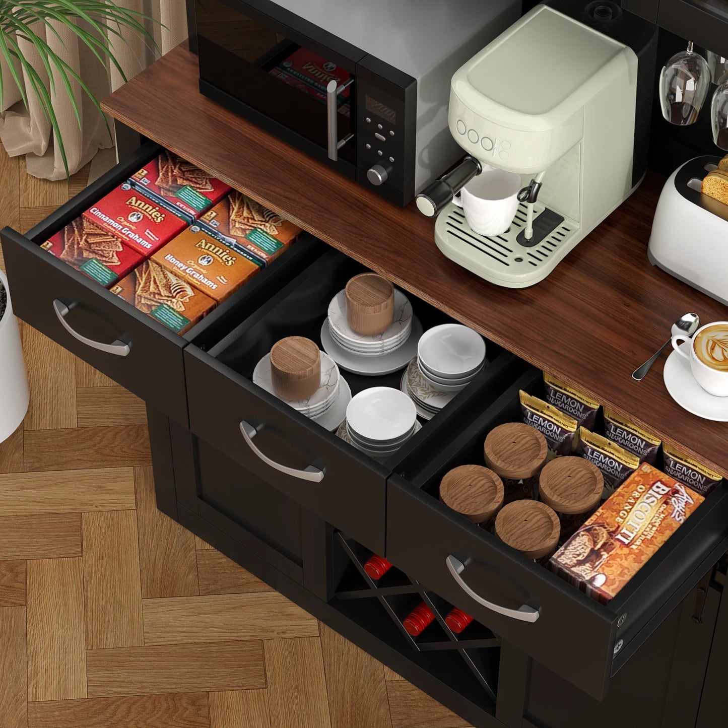 72" Tall Farmhouse Bar Cabinet with Sliding Barn Doors, Kitchen Pantry Storage Cabinet with Wine & Glass Racks