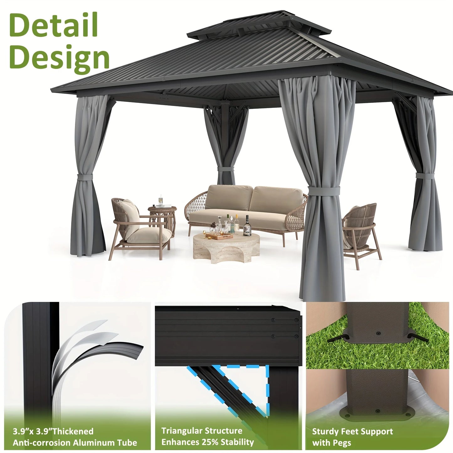 Polar 10x12 Ft Hardtop Gazebo Aluminum Frame With Steel Roof