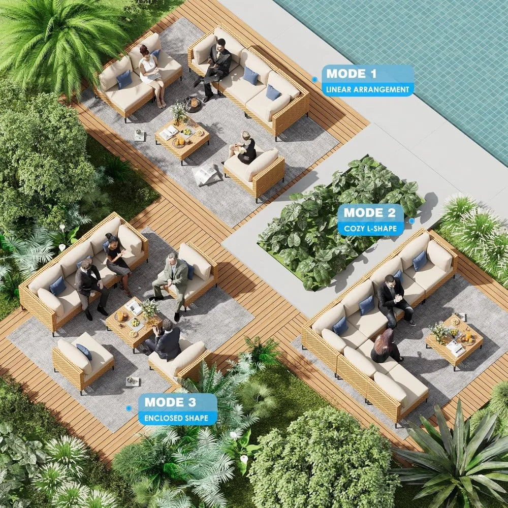 Angduo 110-Inch Large 7-Piece All-Weather-Resistant Wicker Outdoor Patio Ensemble