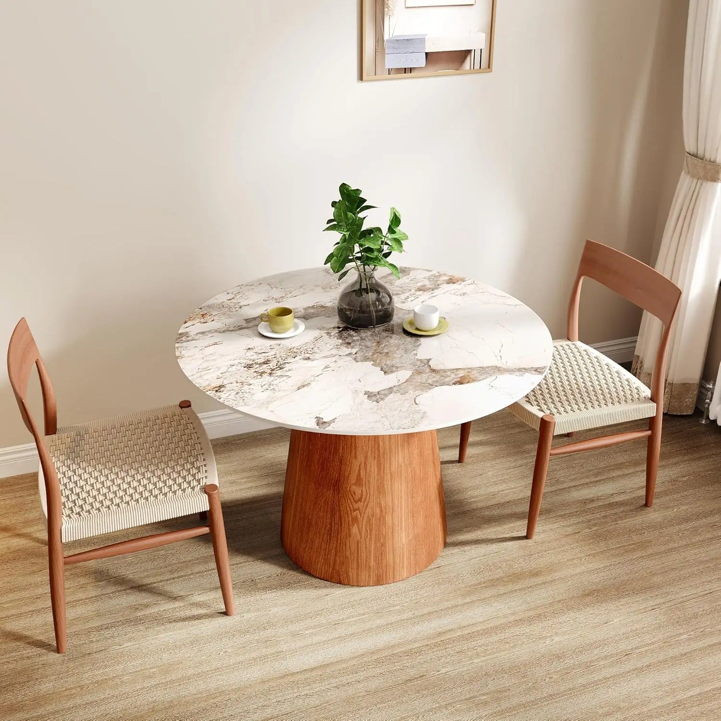 39" Round Dining Table Stone Top With Black Marble Look