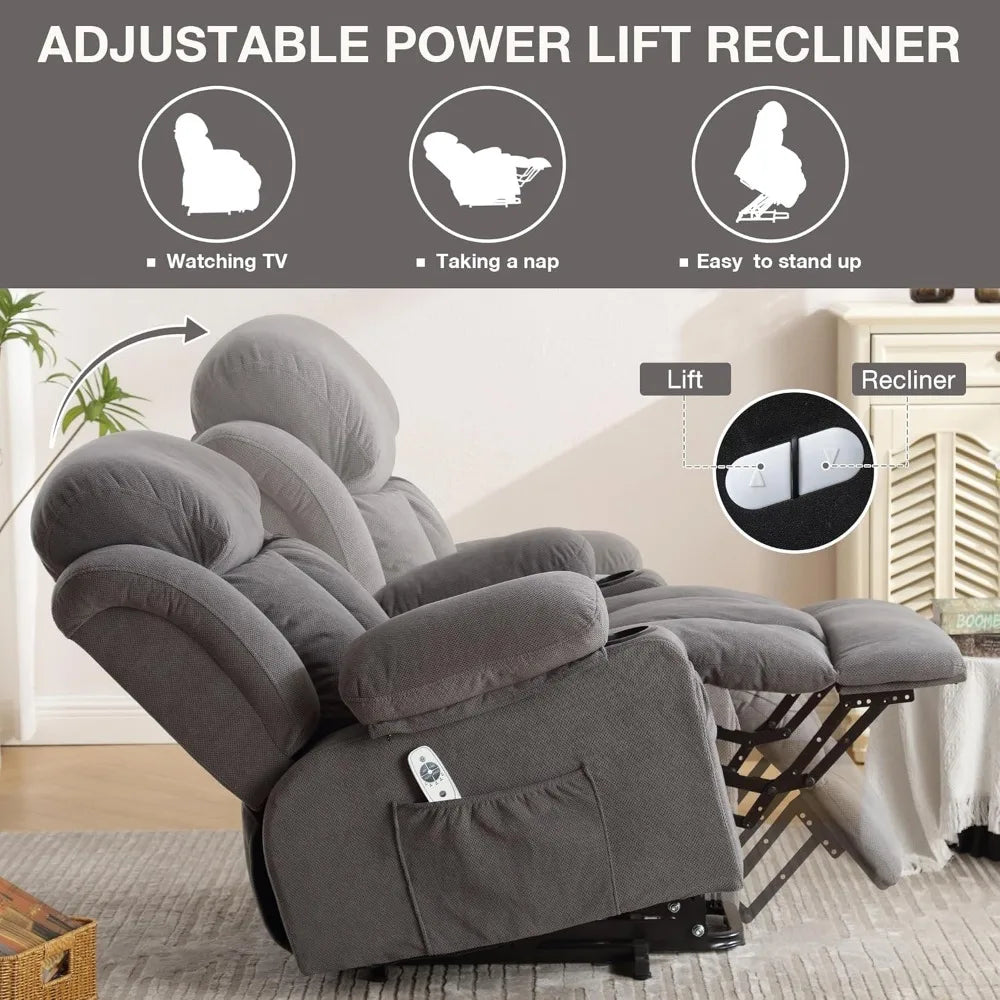 Power Lift Recliner Chair with Heat and Massage, Electric, Fabric Recliner Chair for Elderly with Side Pocket, USB Charge Port