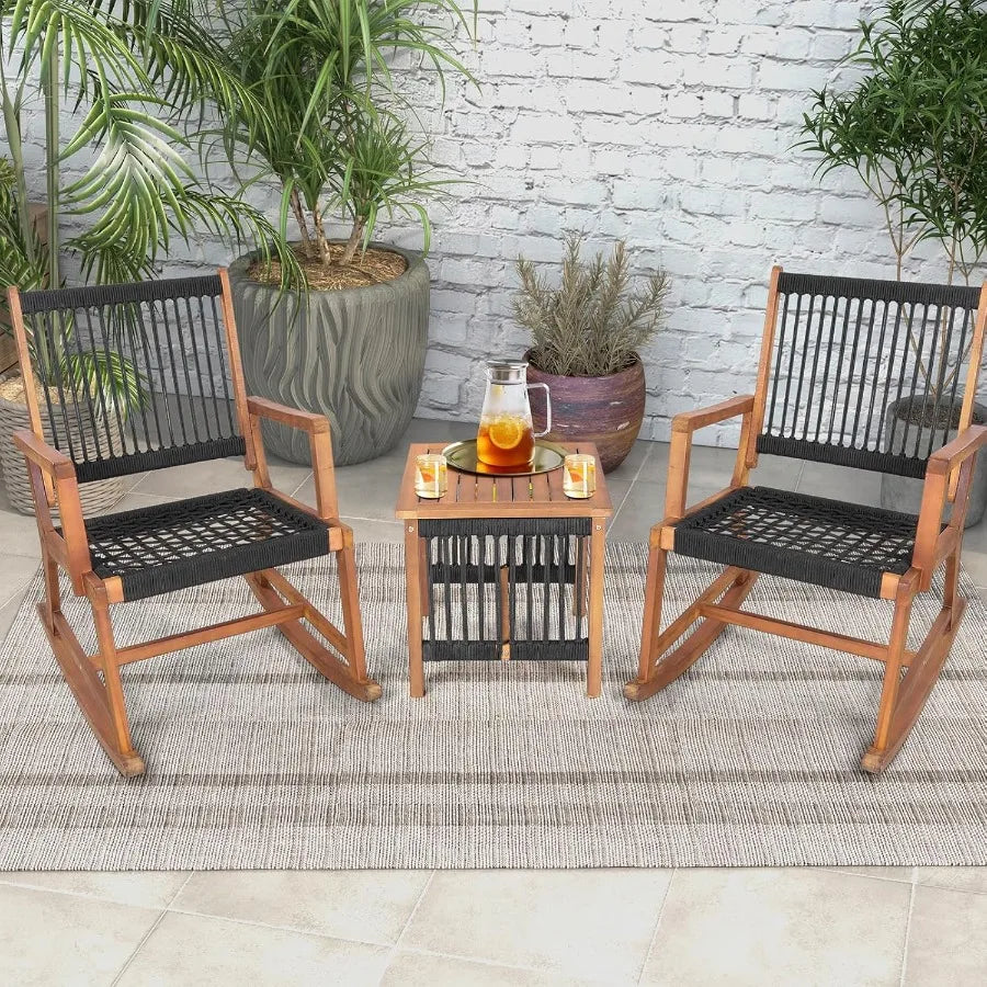 3 Piece Acacia Wood Rocking Bistro Set With All Weather Rope Woven Patio Coffee Table