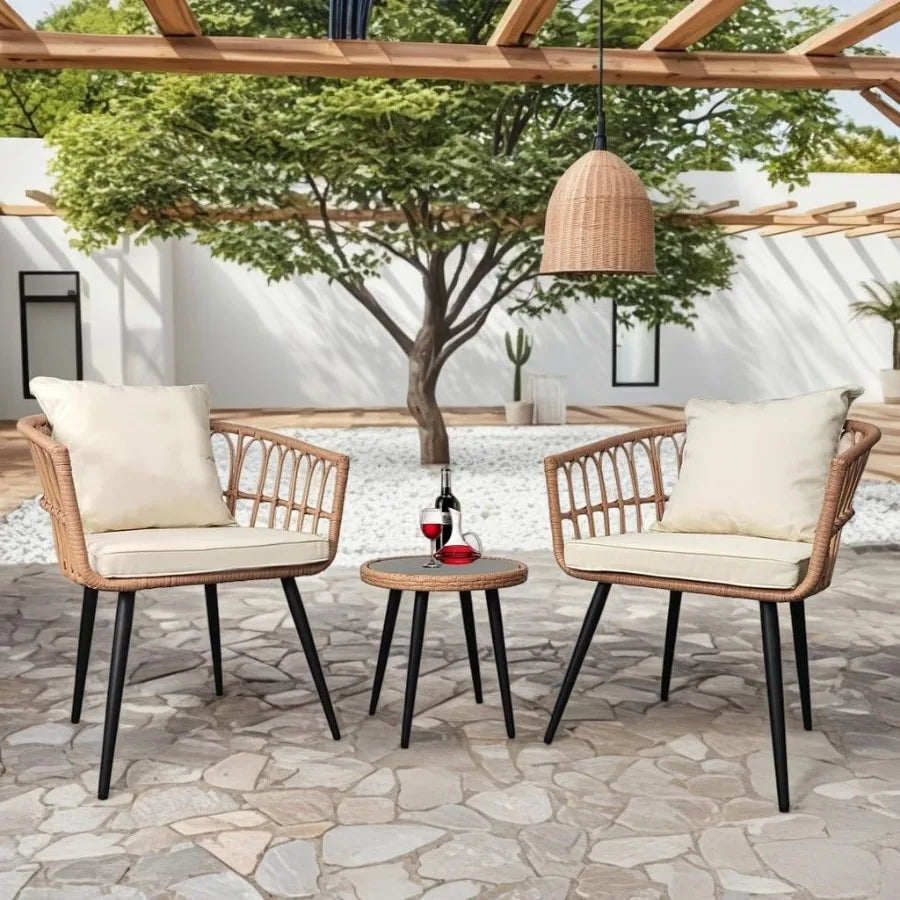 3 Piece Patio Bistro Set WeatherResistant Rattan GlassTabletop AllWeather Outdoor