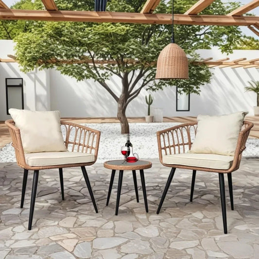 3 Piece Patio Bistro Set WeatherResistant Rattan GlassTabletop AllWeather Outdoor