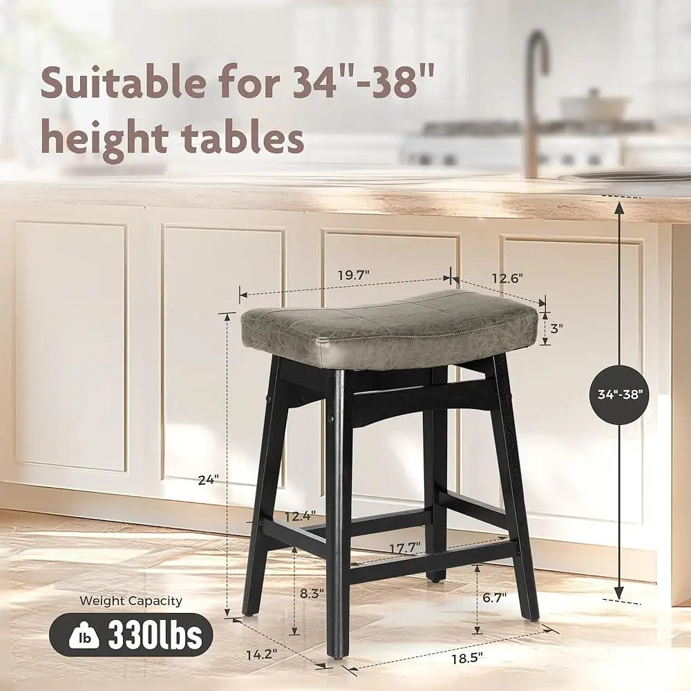 Solid Wood Bar Stools Set 4 Counter Height Saddle Cushions