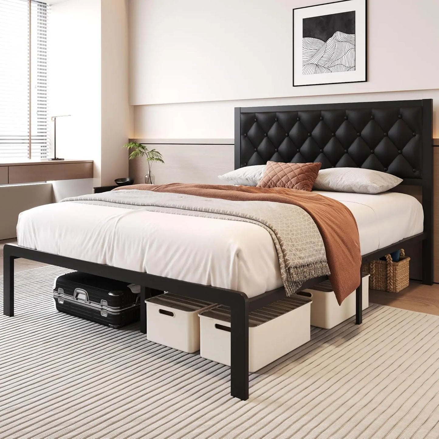 Queen Upholstered Leather Headboard Platform Bed Frame Slats