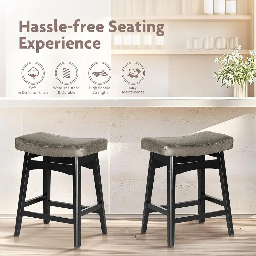 Solid Wood Bar Stools Set 4 Counter Height Saddle Cushions