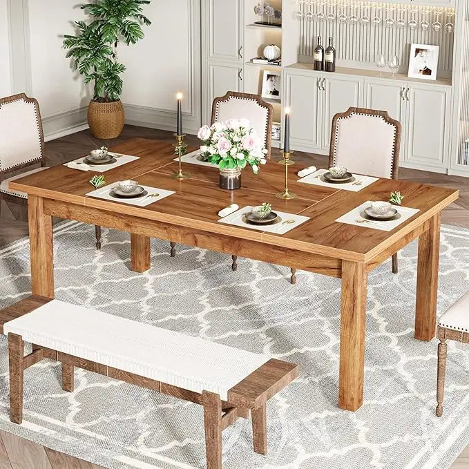Modern Farmhouse Dining Table For 6 - 8 With Solid Wood Legs