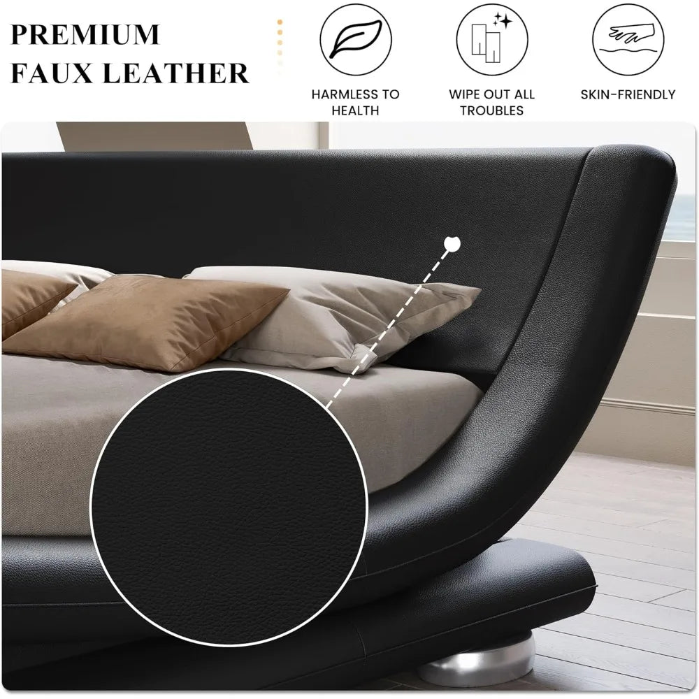 Queen Size Faux Leather Bed Frame With Ergonomic Headboard