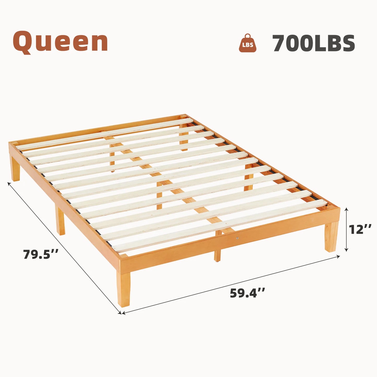 JHK Solid Wood Bed Frame With Slat Support No Box Spring