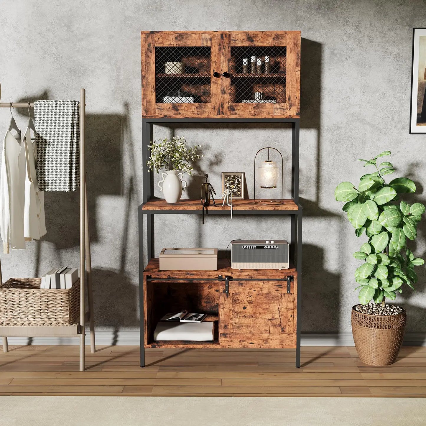 63'' Tall Farmhouse Bakers Rack, 5 Tier Industrial Microwave Stand with Charging Station & Cabinets, Compact Kitchen Utility