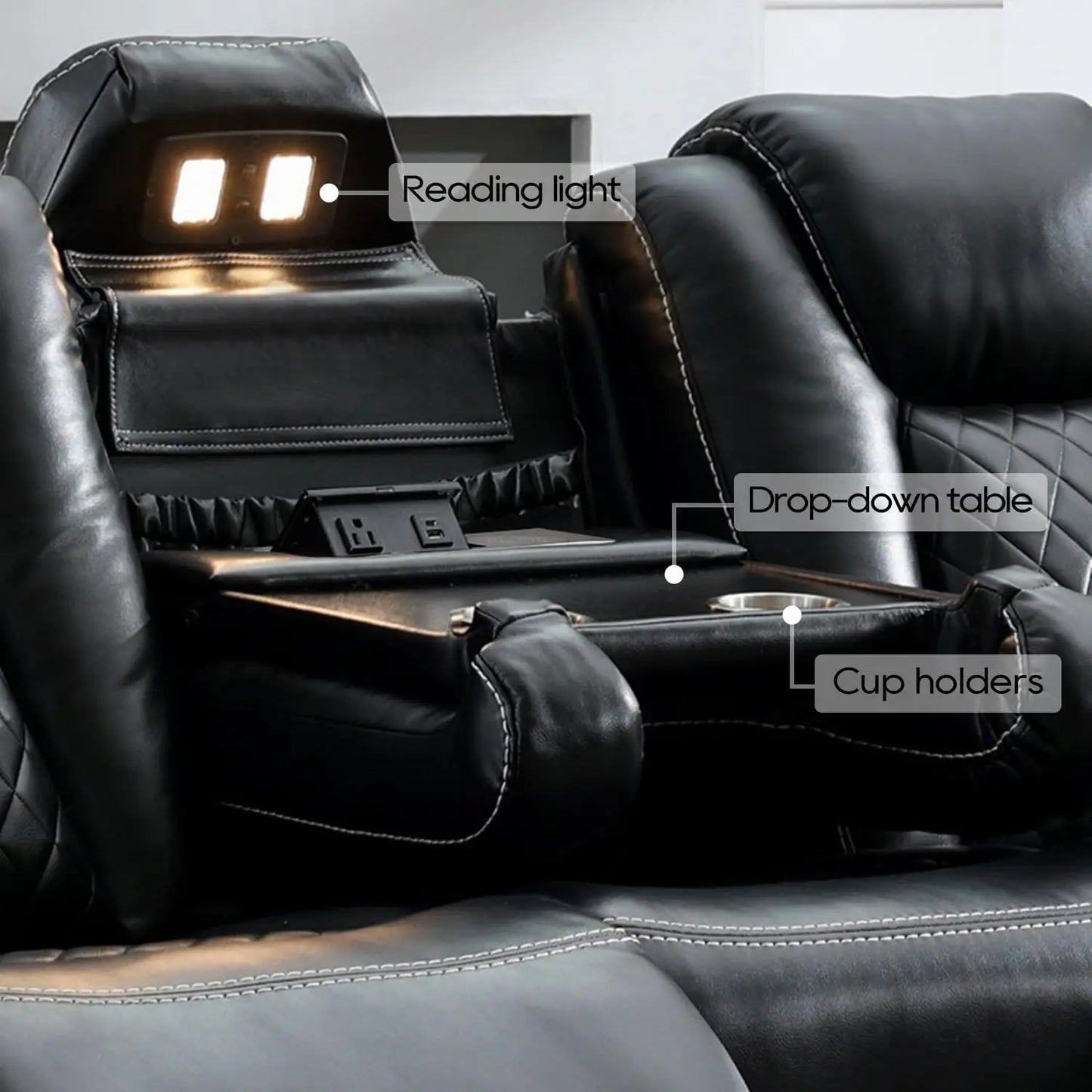 TODRANI Power Reclining Sofa w/ Wireless Charger, LED Floor Lights, Reading Light, Drop-down Table, USB/Type-C Port