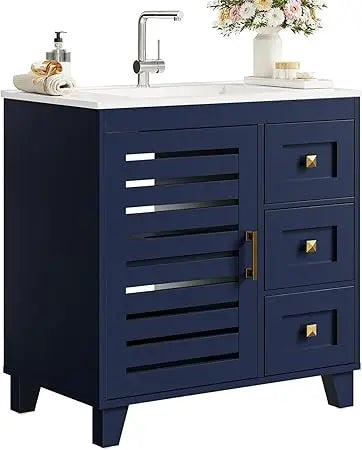 30.9" Dark Blue Bathroom Vanity w/Sink and Three Drawers