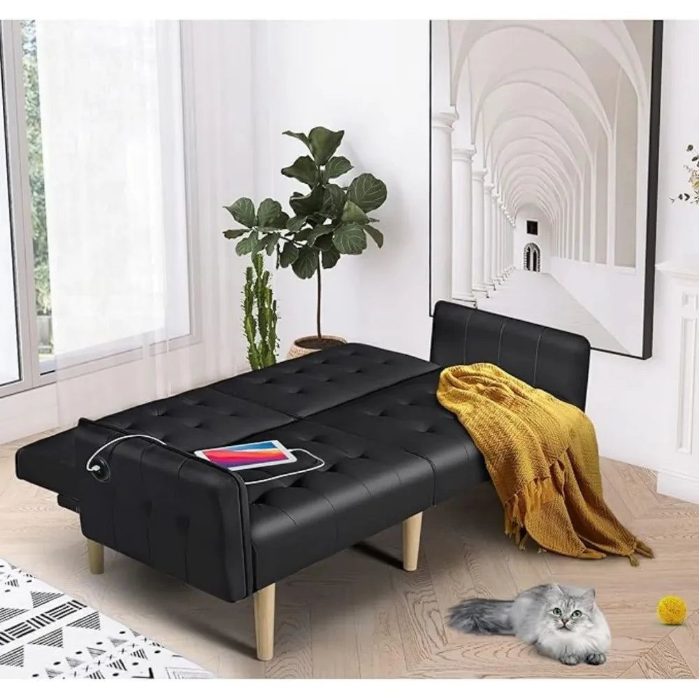 65“ Convertible Sofa Bed w/ 2 USB, Small Adjustable Folding Couch Loveseat, Modern Mid Century Sleeper Sofa for Living Room, Bedroom
