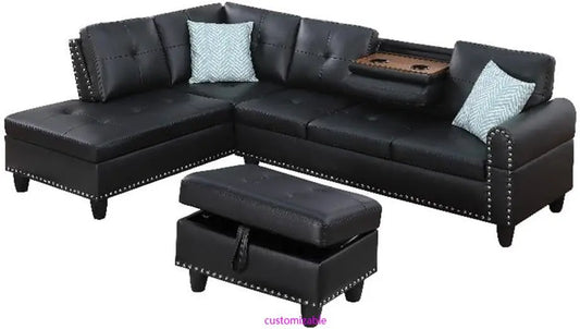 L-Shaped Faux Leather Sectional Sofa With Lift Top Ottoman Storage, Black