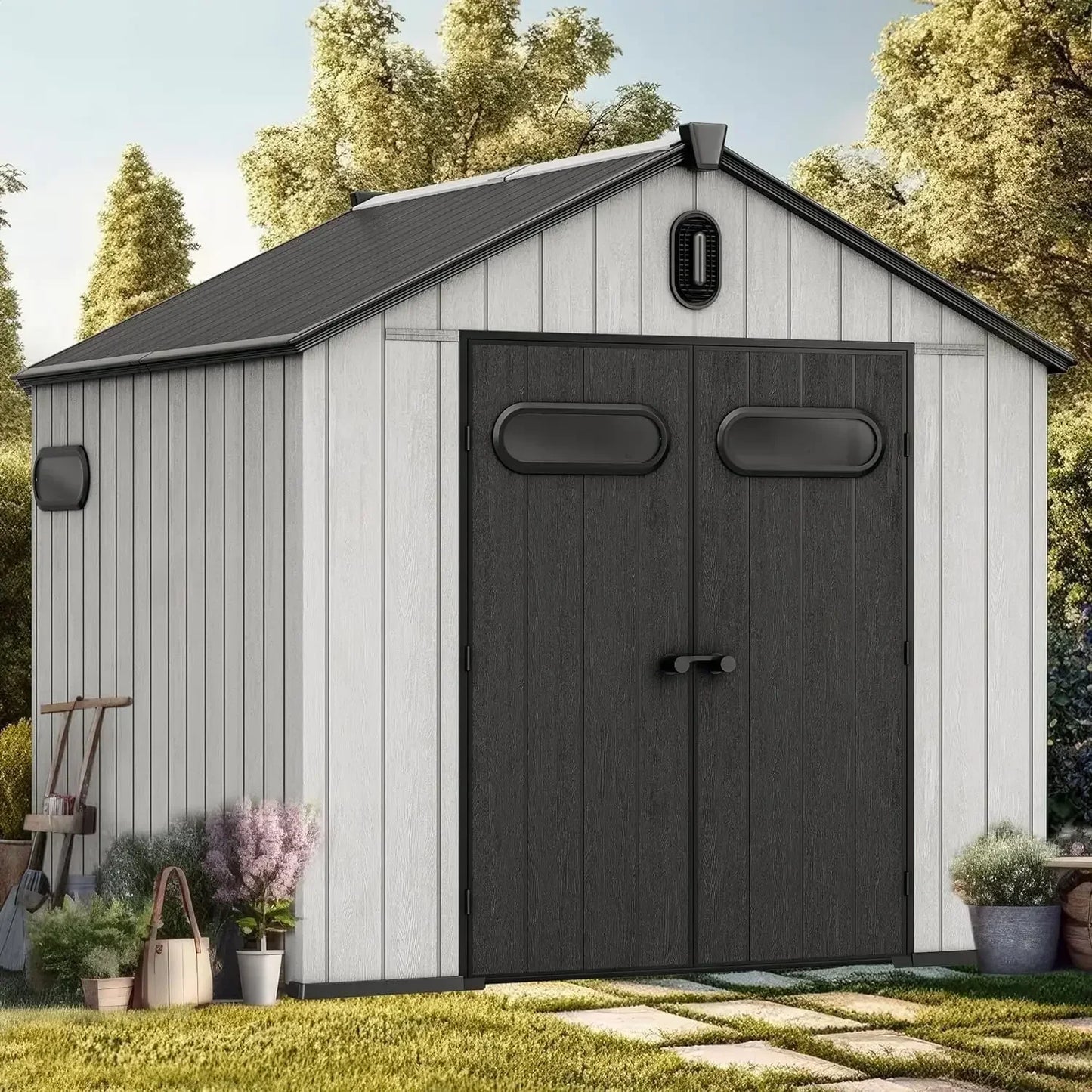 8' x 8' Outdoor Resin Storage Shed With Floor, Lockable Door